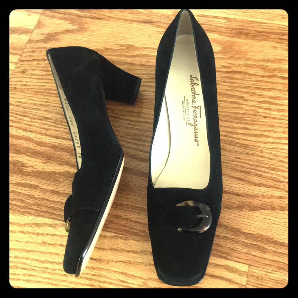 Ferragamo Black suede pumps tortoise buckle detail